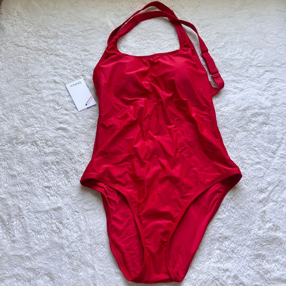Quince Womens Red Recycled Halter One Piece Swimsuit Size L ATG001 Beachwear NWT
